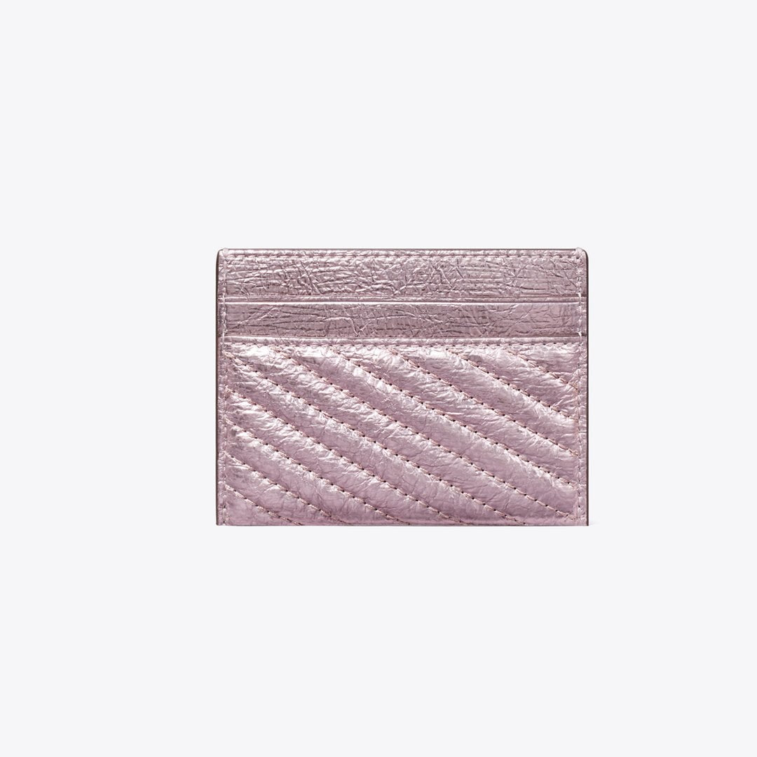 Tory Burch Kira Moto Quilt Metallic Card Case Sparkle Pink