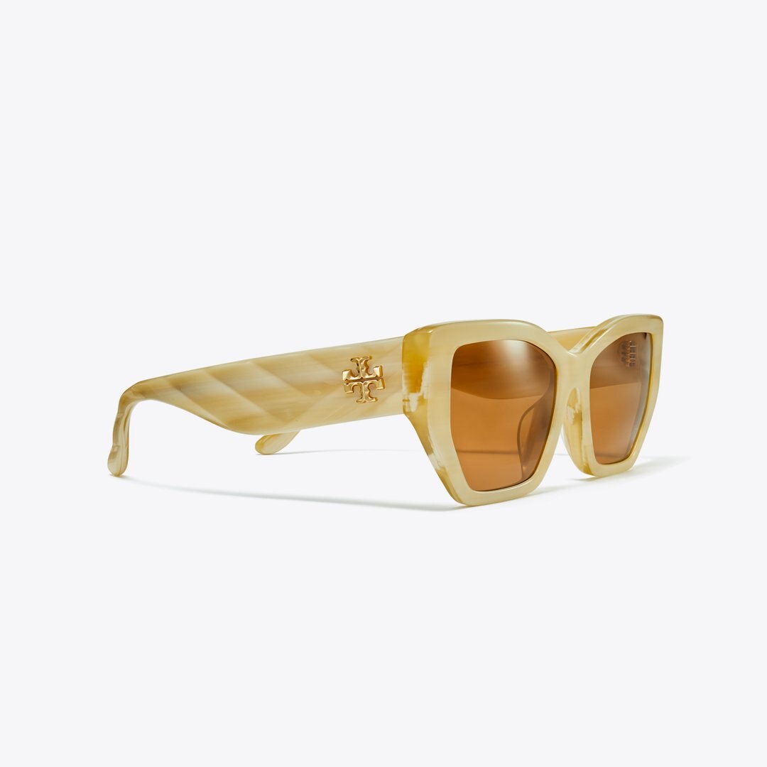 Tory Burch Kira Oversized Geometric Sunglasses IVORY HORN/SOLID BROWN