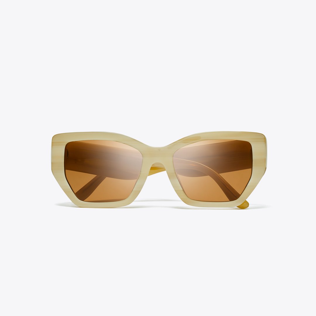 Tory Burch Kira Oversized Geometric Sunglasses IVORY HORN/SOLID BROWN