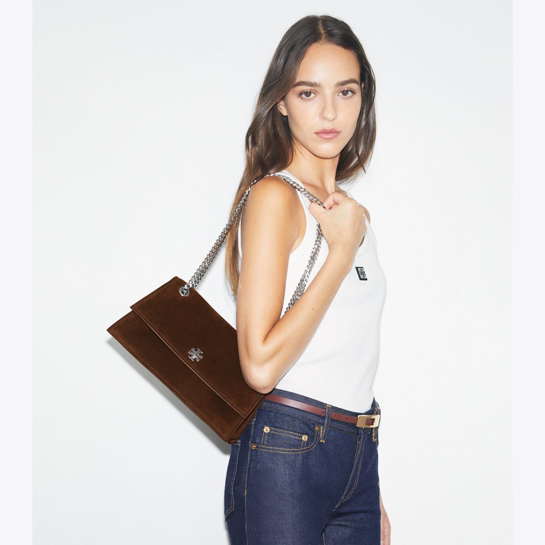 Tory Burch Kira Turnlock Suede Shoulder Bag Dark Cocoa