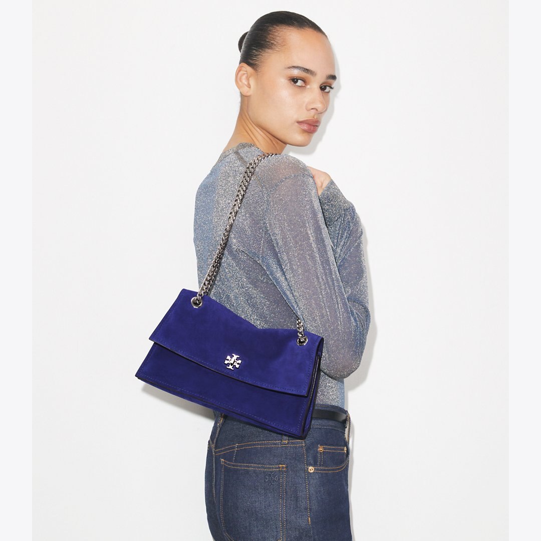 Tory Burch Kira Turnlock Suede Shoulder Bag Ballpoint Blue
