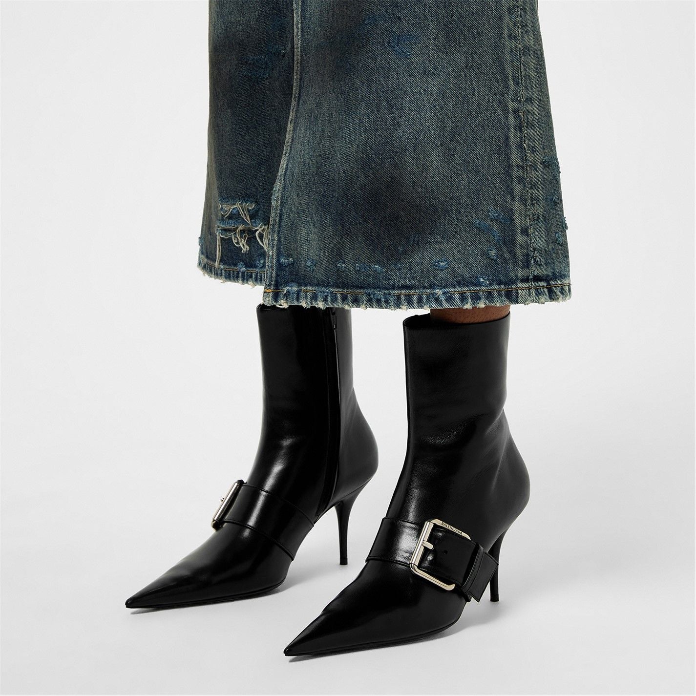  Knife Buckled Leather Ankle Boots Black