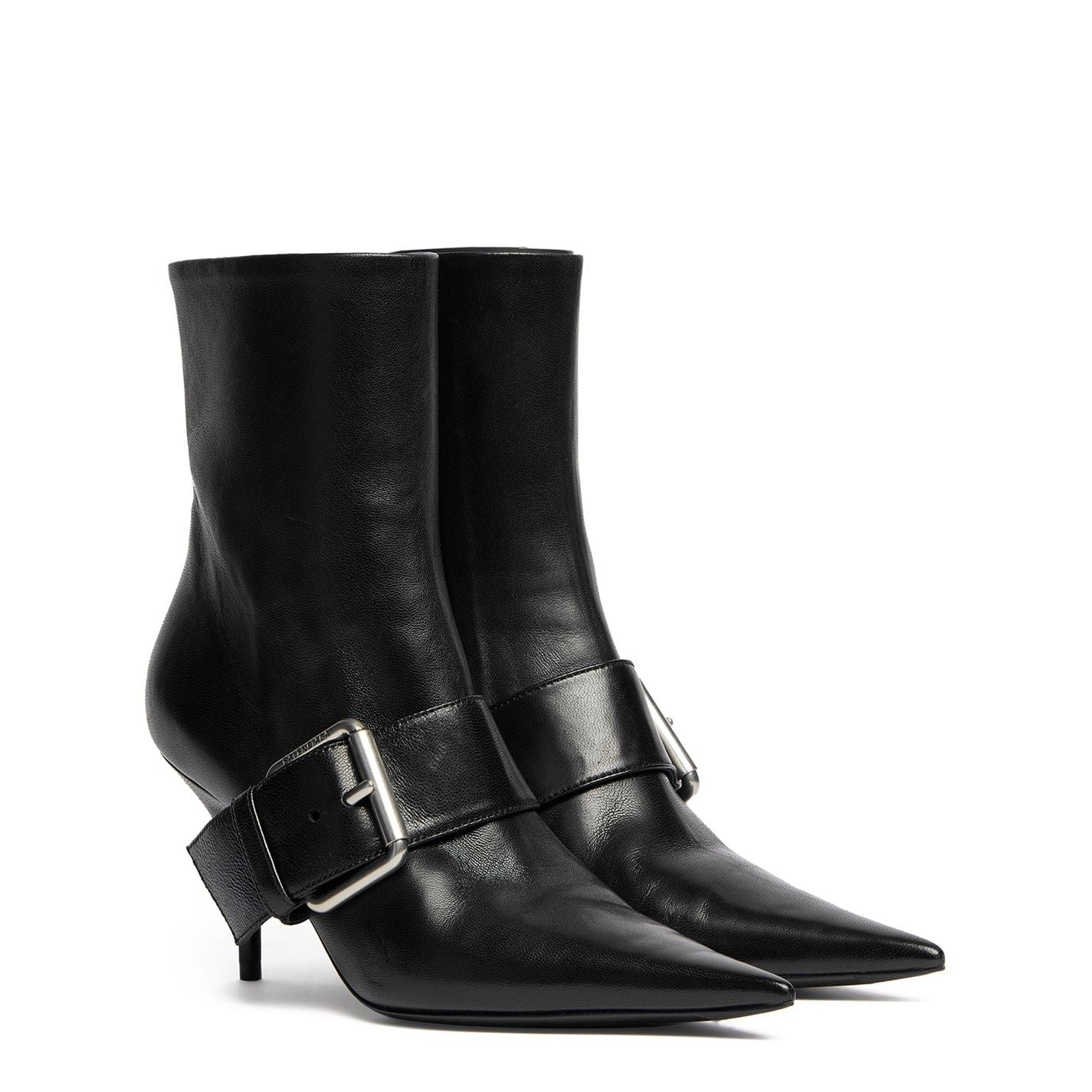  Knife Buckled Leather Ankle Boots Black