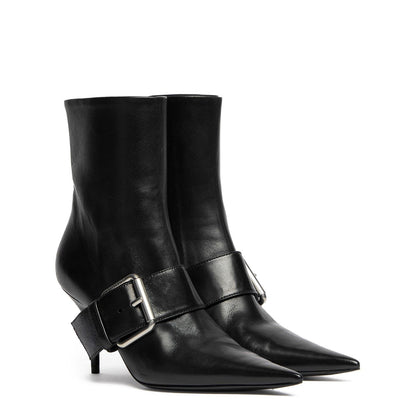  Knife Buckled Leather Ankle Boots Black