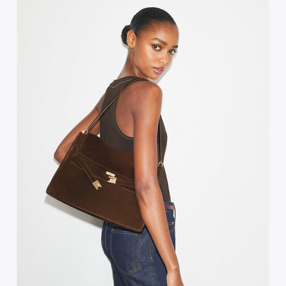 Tory Burch Large Lee Radziwill Suede Shoulder Bag Dark Cocoa