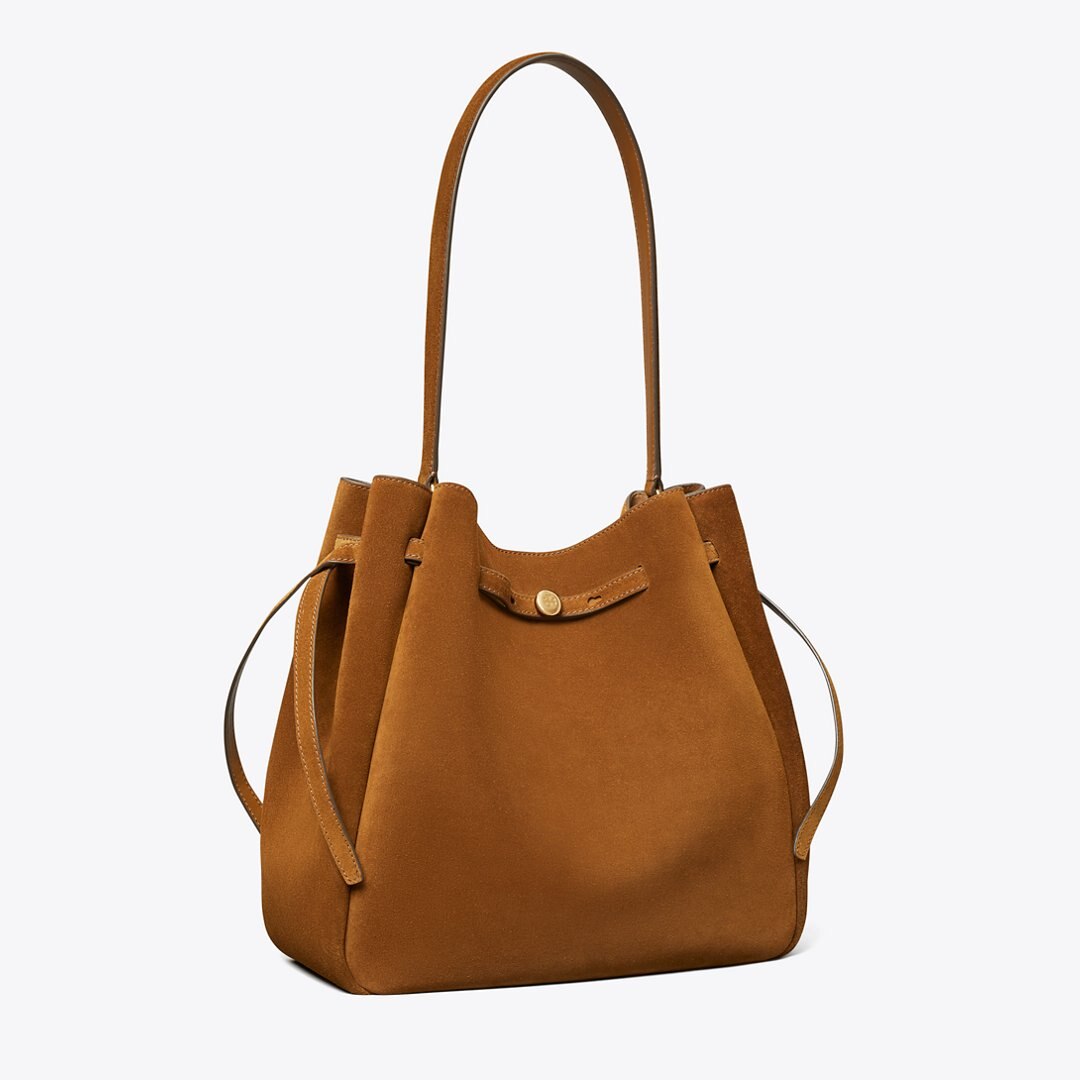 Tory Burch Large Romy Suede Bucket Bag Caramel