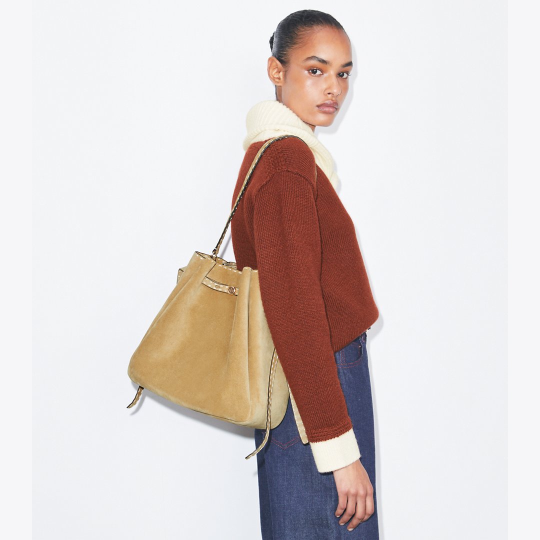 Tory Burch Large Romy Suede Pick Stitch Bucket Bag Butter
