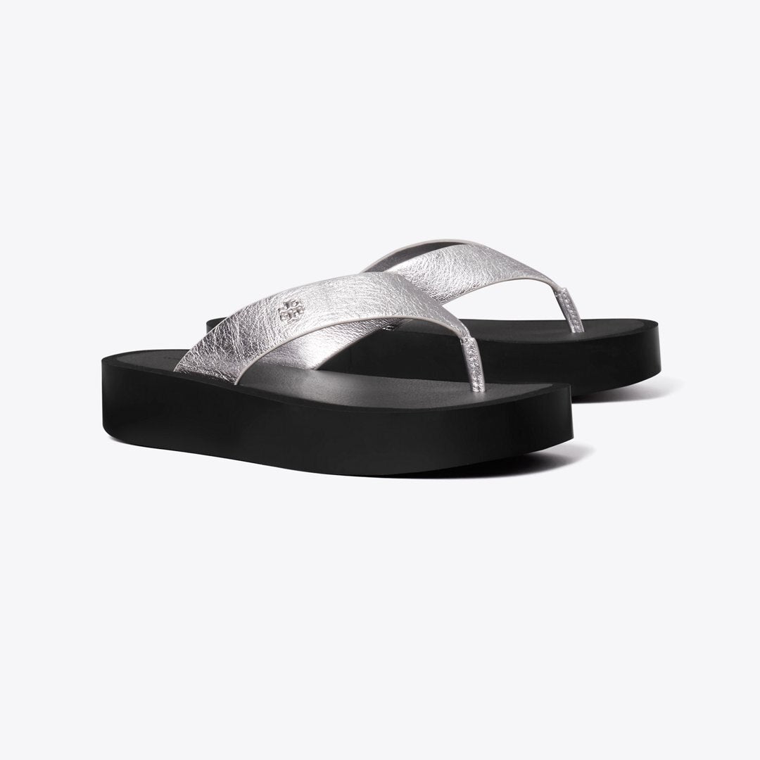 Tory Burch Leather Platform Flip Flop SILVER / PERFECT BLACK / SILVER
