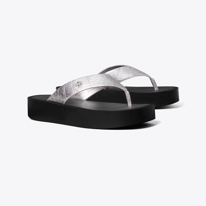 Tory Burch Leather Platform Flip Flop SILVER / PERFECT BLACK / SILVER