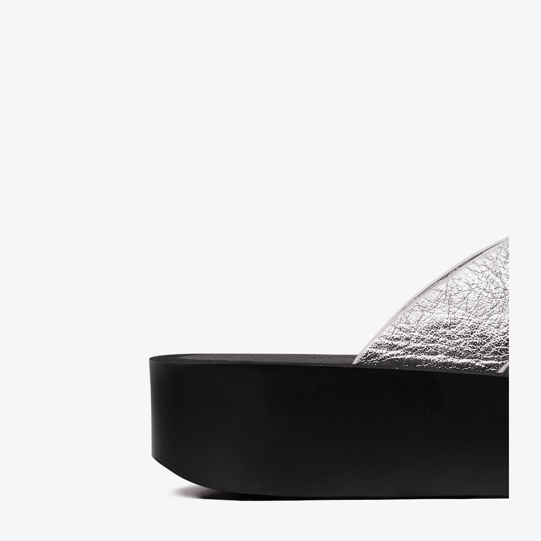 Tory Burch Leather Platform Flip Flop SILVER / PERFECT BLACK / SILVER