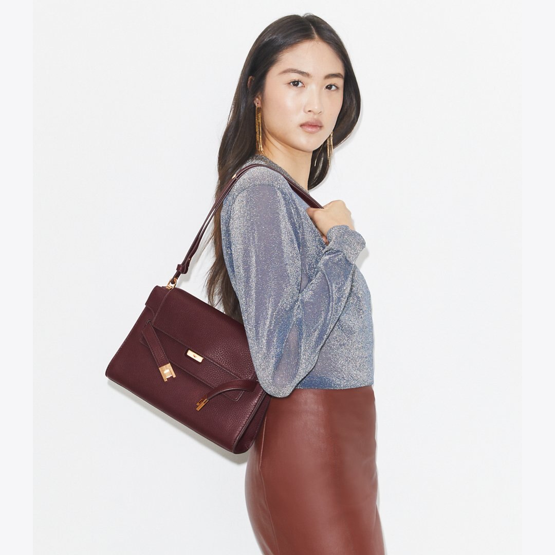 Tory Burch Lee Radziwill Pebbled Shoulder Bag Dark Carmine