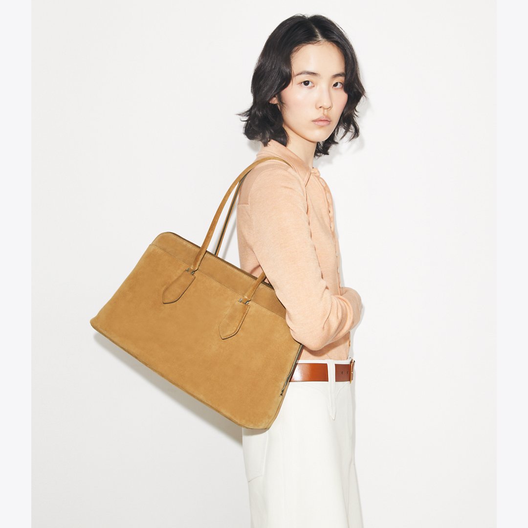Tory Burch Lock Suede Satchel Toffee