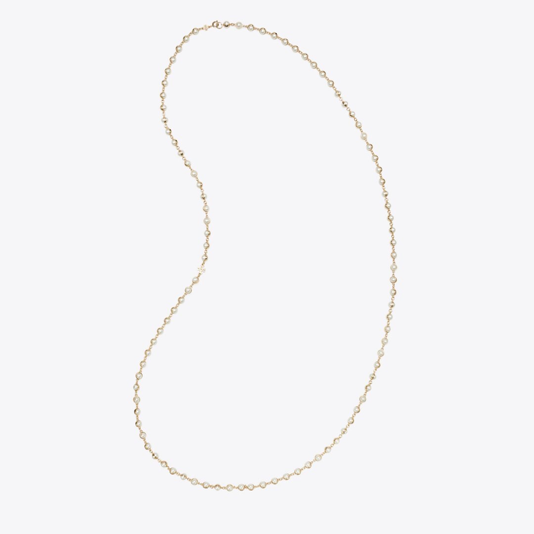 Tory Burch Long Pearl Necklace Light Brass / Pearl