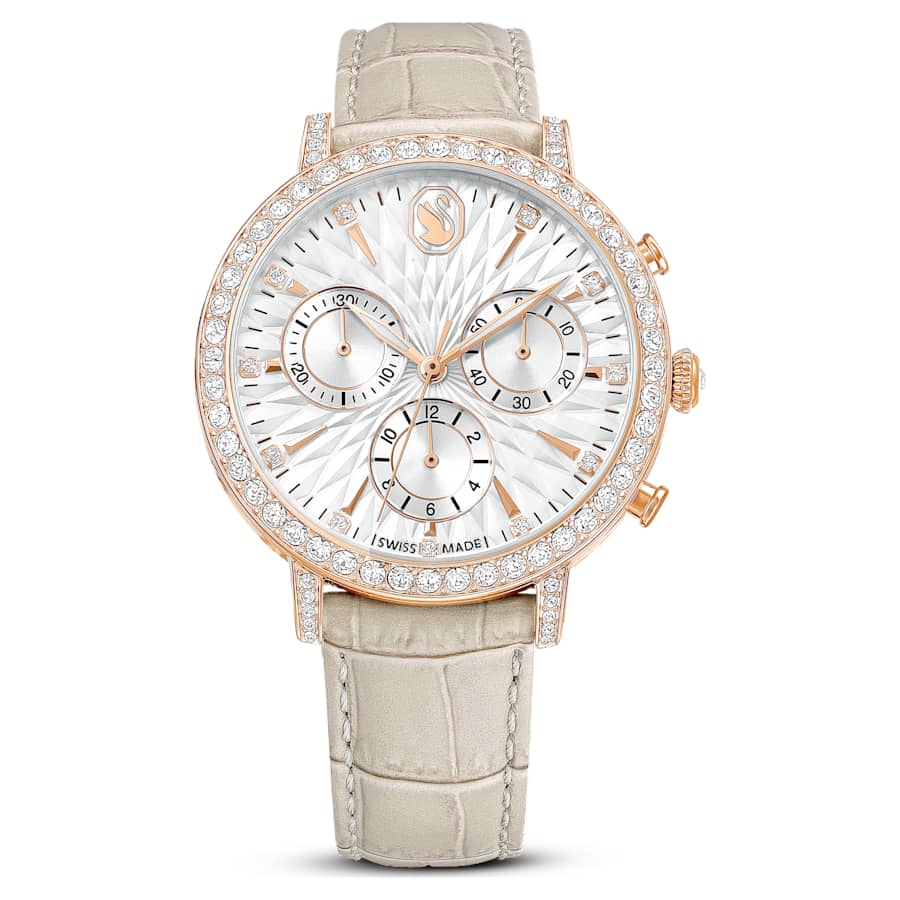 Swarovski Matrix Tennis Chrono Watch Swiss Made Leather Strap Beige Rose Gold-Tone Finish SW5702849