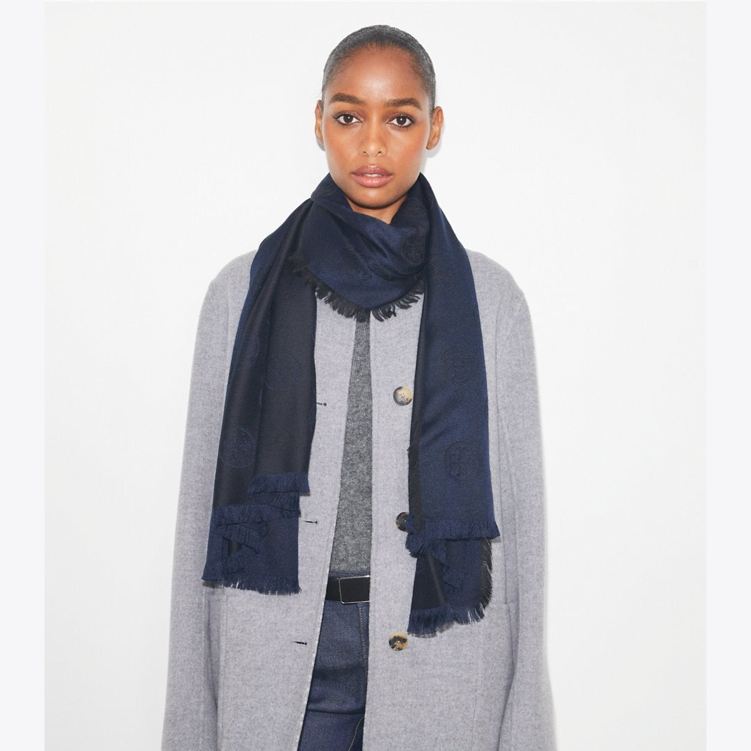 Tory Burch Medallion Logo Oblong Traveler Scarf Black / Navy