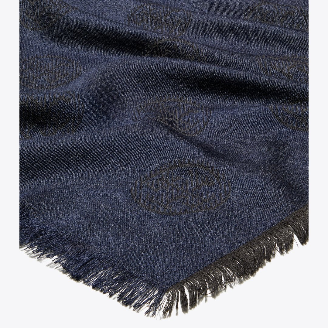 Tory Burch Medallion Logo Oblong Traveler Scarf Black / Navy