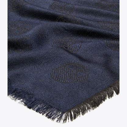 Tory Burch Medallion Logo Oblong Traveler Scarf Black / Navy
