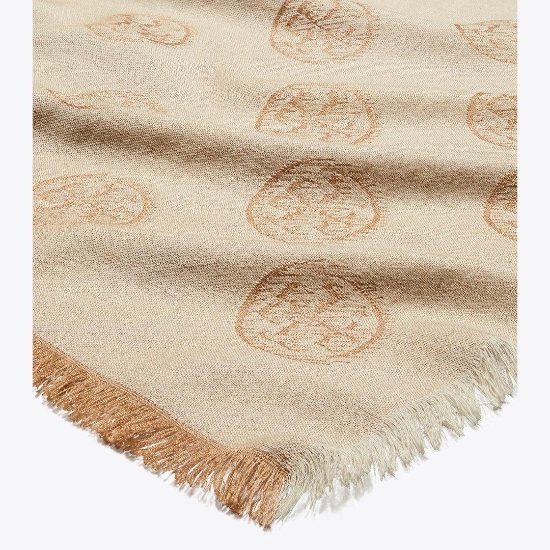 Tory Burch Medallion Logo Oblong Traveler Scarf Camel