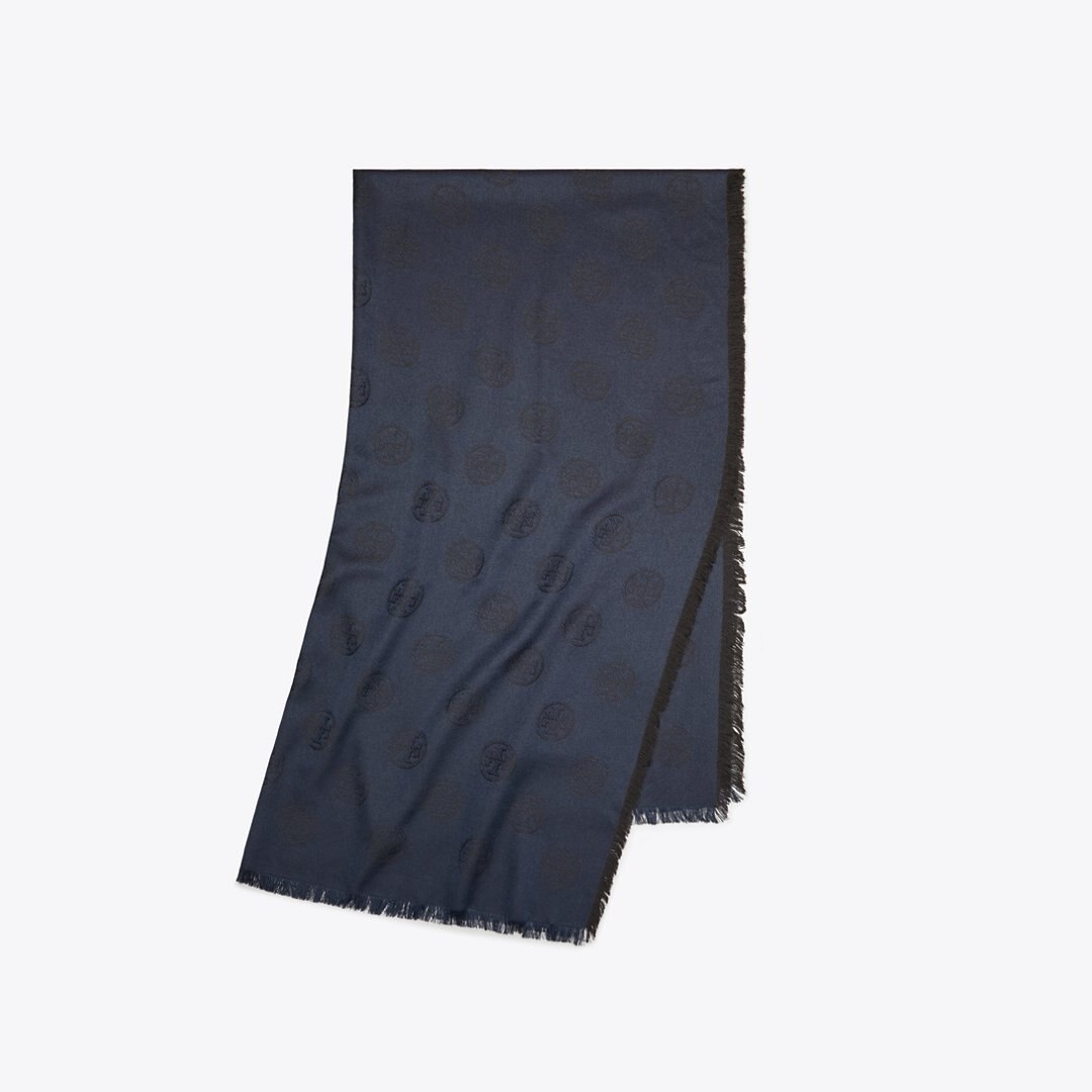 Tory Burch Medallion Logo Oblong Traveler Scarf Black / Navy