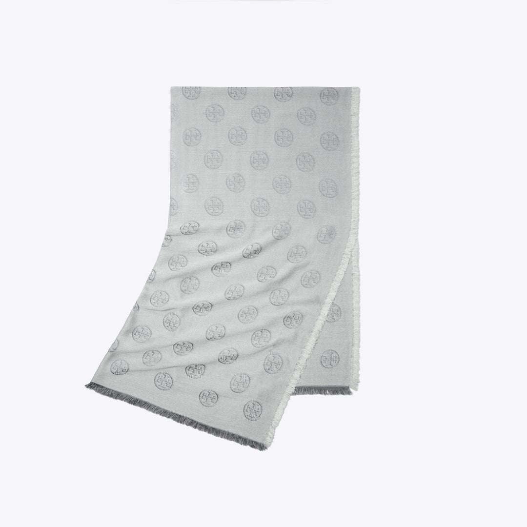 Tory Burch Medallion Logo Oblong Traveler Scarf Gray