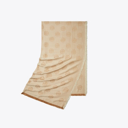 Tory Burch Medallion Logo Oblong Traveler Scarf Camel