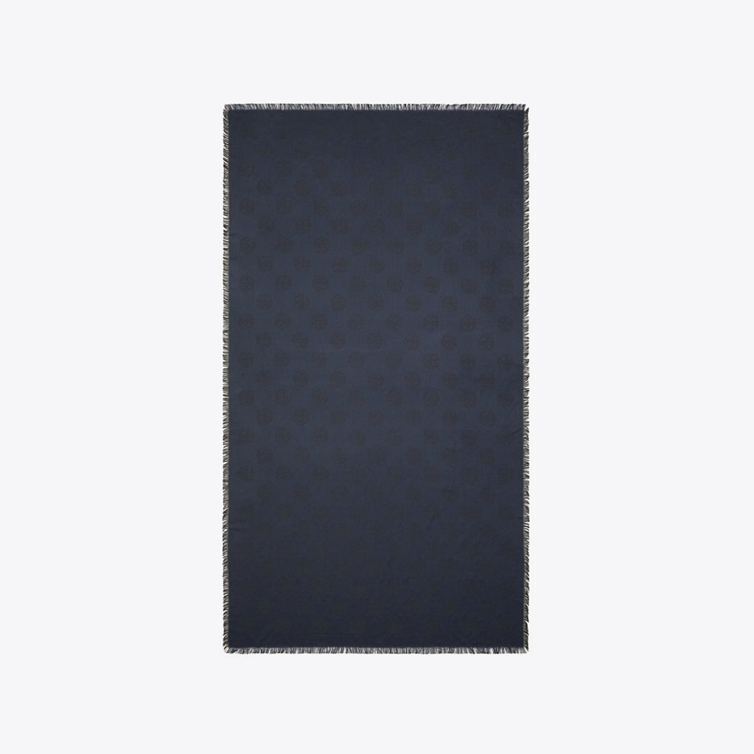 Tory Burch Medallion Logo Oblong Traveler Scarf Black / Navy