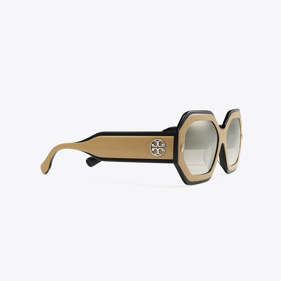 Tory Burch Miller Geometric Sunglasses NAVY/BEIGE/CLEAR GRAD MIRROR SILVER