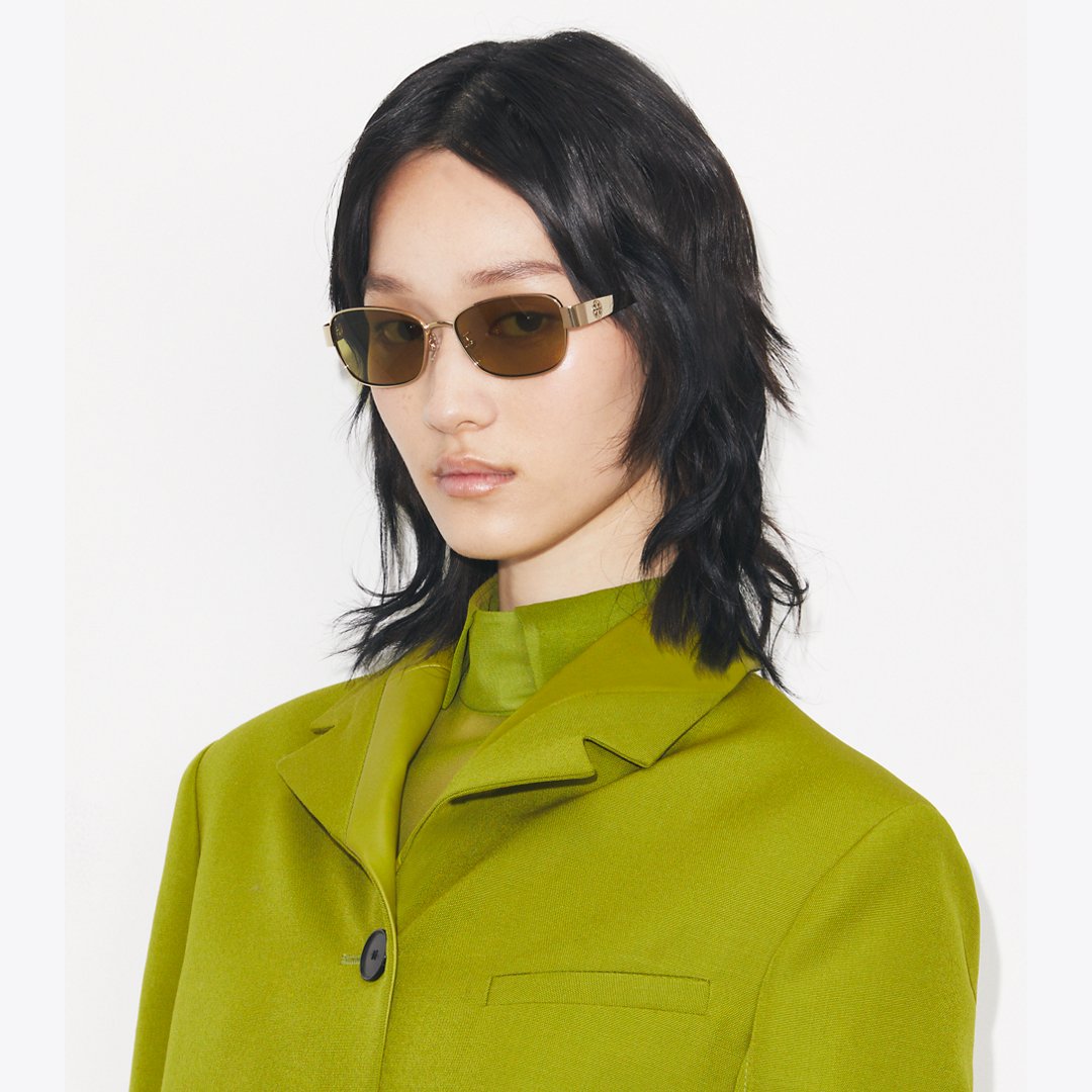 Tory Burch Miller Metal Rectangle Sunglasses SHINY LIGHT GOLD/DARK VIOLET