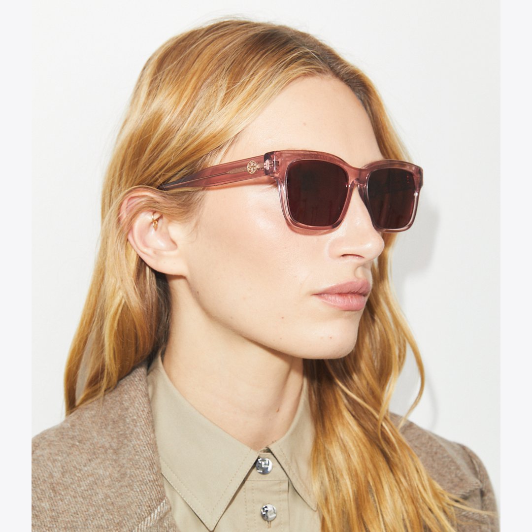 Tory Burch Miller Rectangle Sunglasses TRANSPARENT PINK/WINE