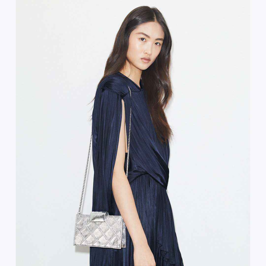 Tory Burch Mini Fleming Metallic Crossbody Silver