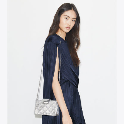 Tory Burch Mini Fleming Metallic Crossbody Silver