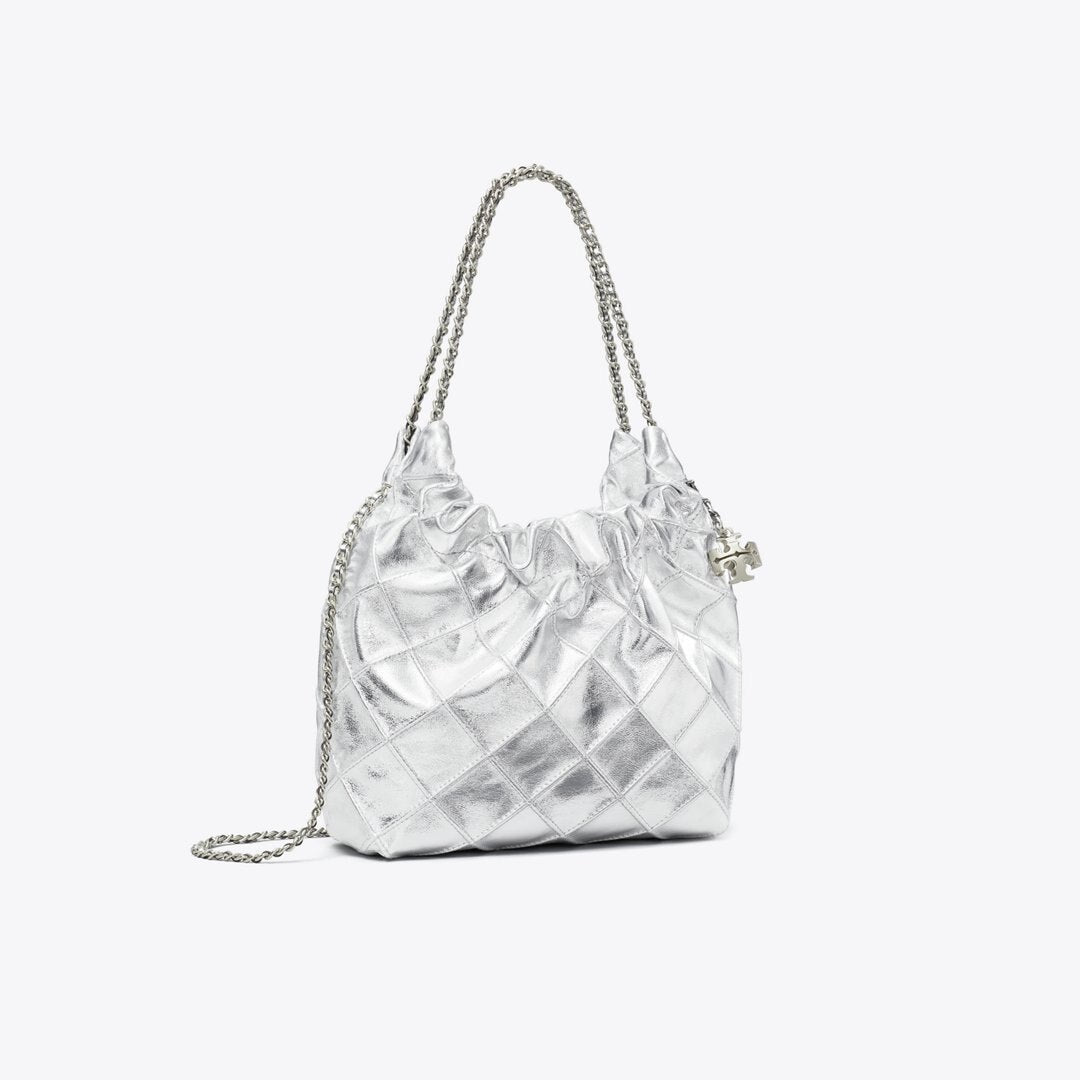 Tory Burch Mini Fleming Metallic Hobo Bag Silver