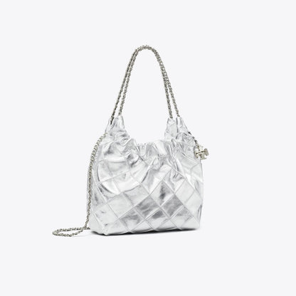 Tory Burch Mini Fleming Metallic Hobo Bag Silver