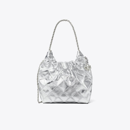 Tory Burch Mini Fleming Metallic Hobo Bag Silver
