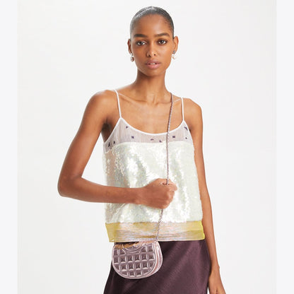 Tory Burch Mini Fleming Metallic Square Quilt Crossbody Sparkle Pink