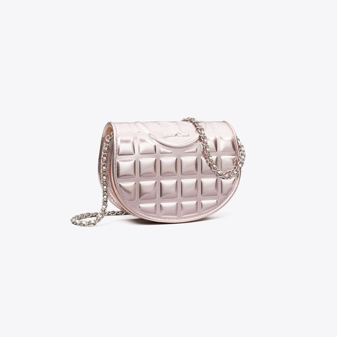 Tory Burch Mini Fleming Metallic Square Quilt Crossbody Sparkle Pink