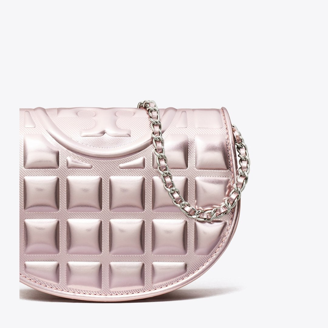Tory Burch Mini Fleming Metallic Square Quilt Crossbody Sparkle Pink