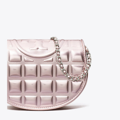 Tory Burch Mini Fleming Metallic Square Quilt Crossbody Sparkle Pink
