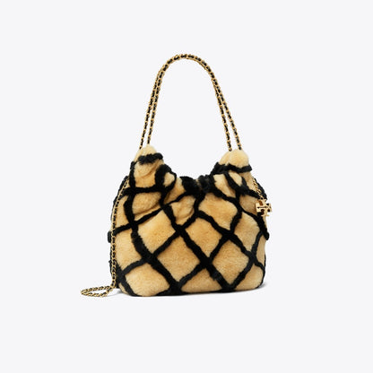 Tory Burch Mini Fleming Shearling Hobo Bag Toffee