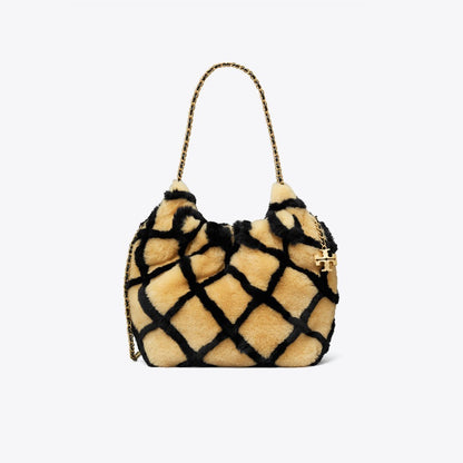 Tory Burch Mini Fleming Shearling Hobo Bag Toffee