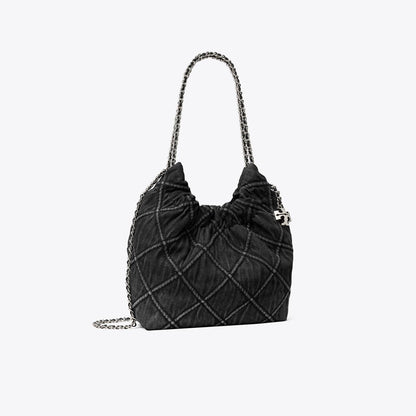 Tory Burch Mini Fleming Soft Denim Hobo Bag Black