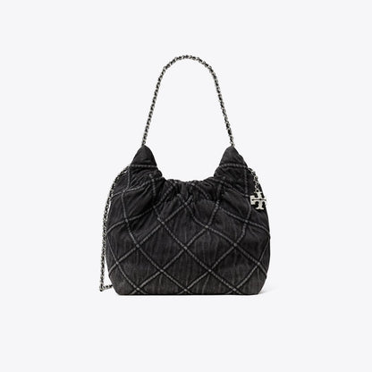 Tory Burch Mini Fleming Soft Denim Hobo Bag Black