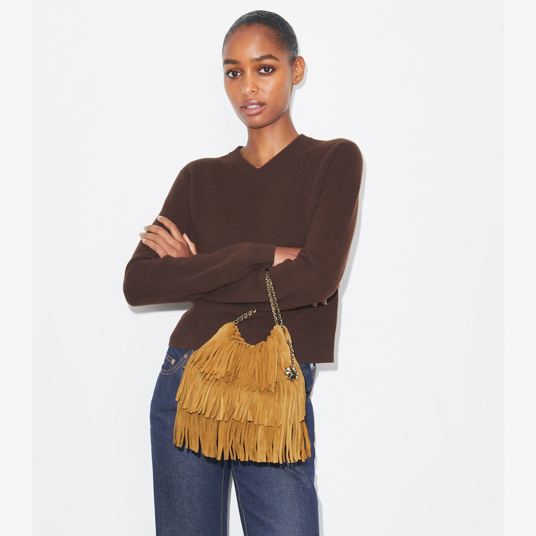 Tory Burch Mini Fleming Suede Fringe Hobo Bag WILD TABACCO