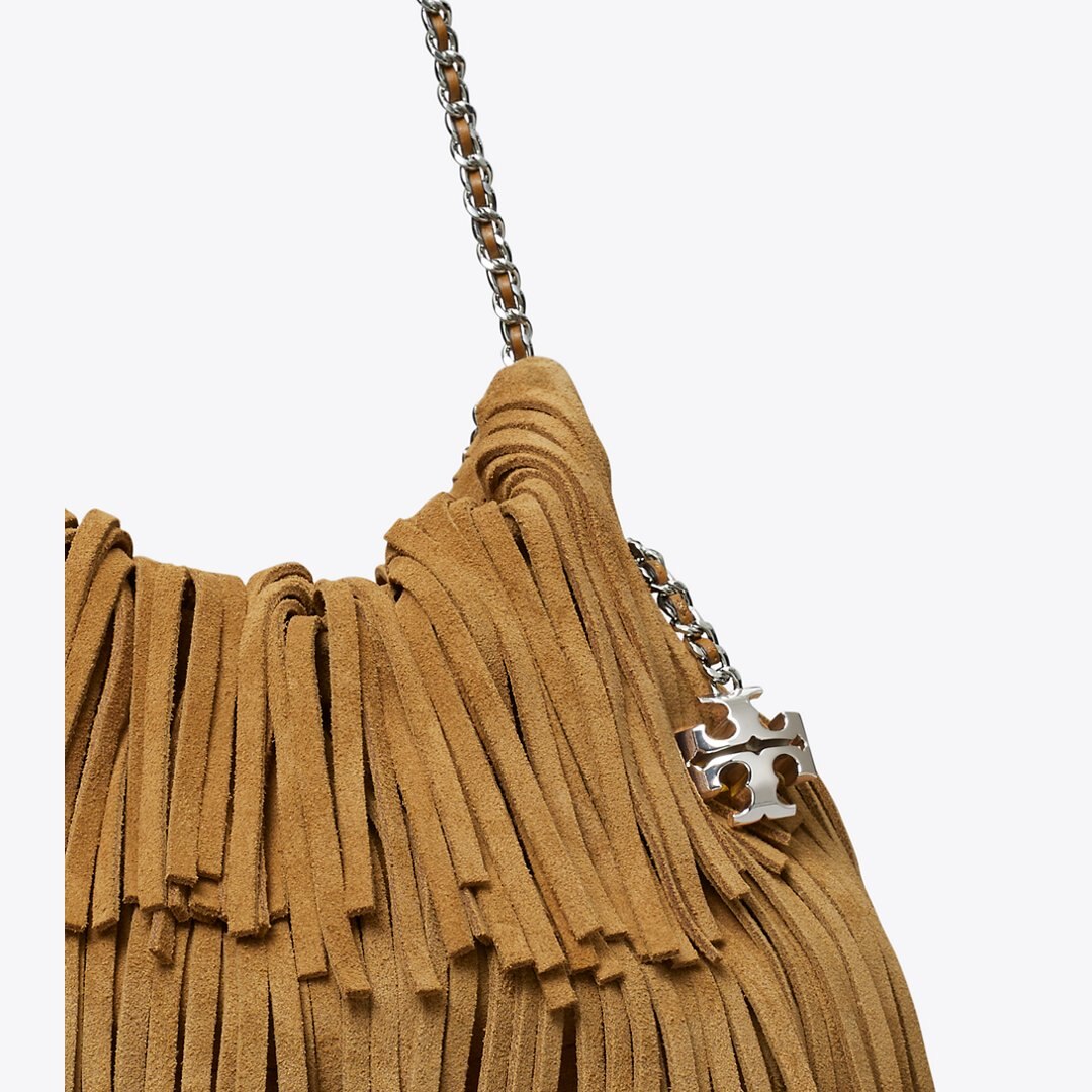 Tory Burch Mini Fleming Suede Fringe Hobo Bag WILD TABACCO
