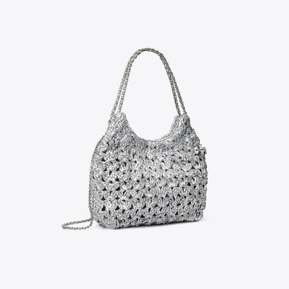 Tory Burch Mini Fleming Woven Hobo Bag Silver