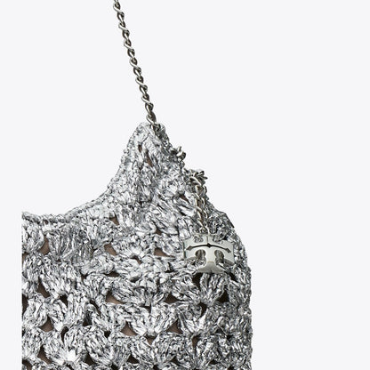 Tory Burch Mini Fleming Woven Hobo Bag Silver