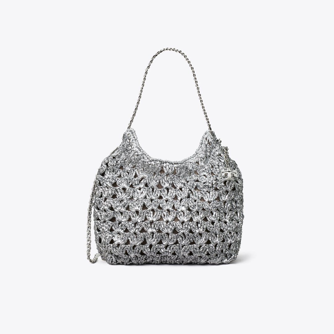 Tory Burch Mini Fleming Woven Hobo Bag Silver