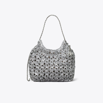 Tory Burch Mini Fleming Woven Hobo Bag Silver