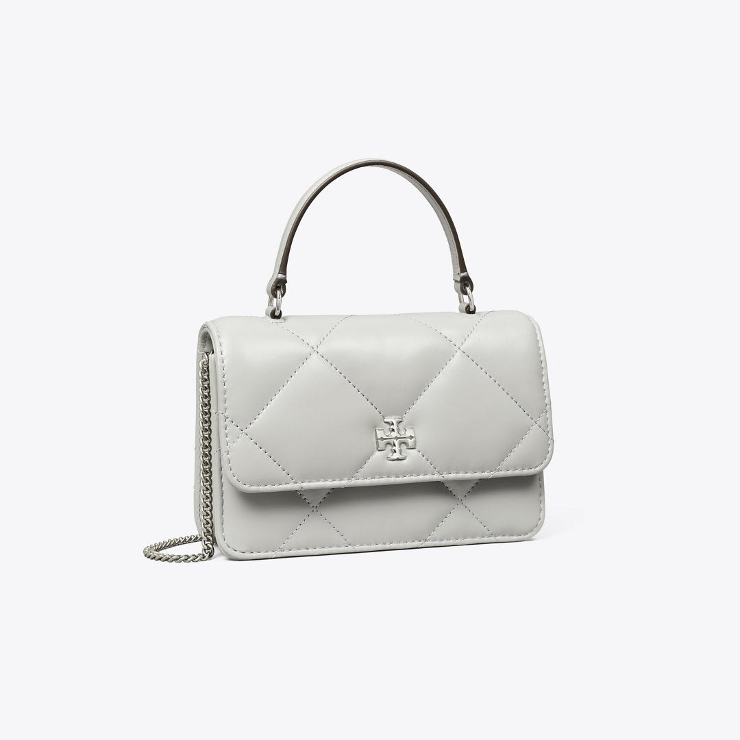 Tory Burch Mini Kira Diamond Quilt Charm Top-Handle Crossbody Gray