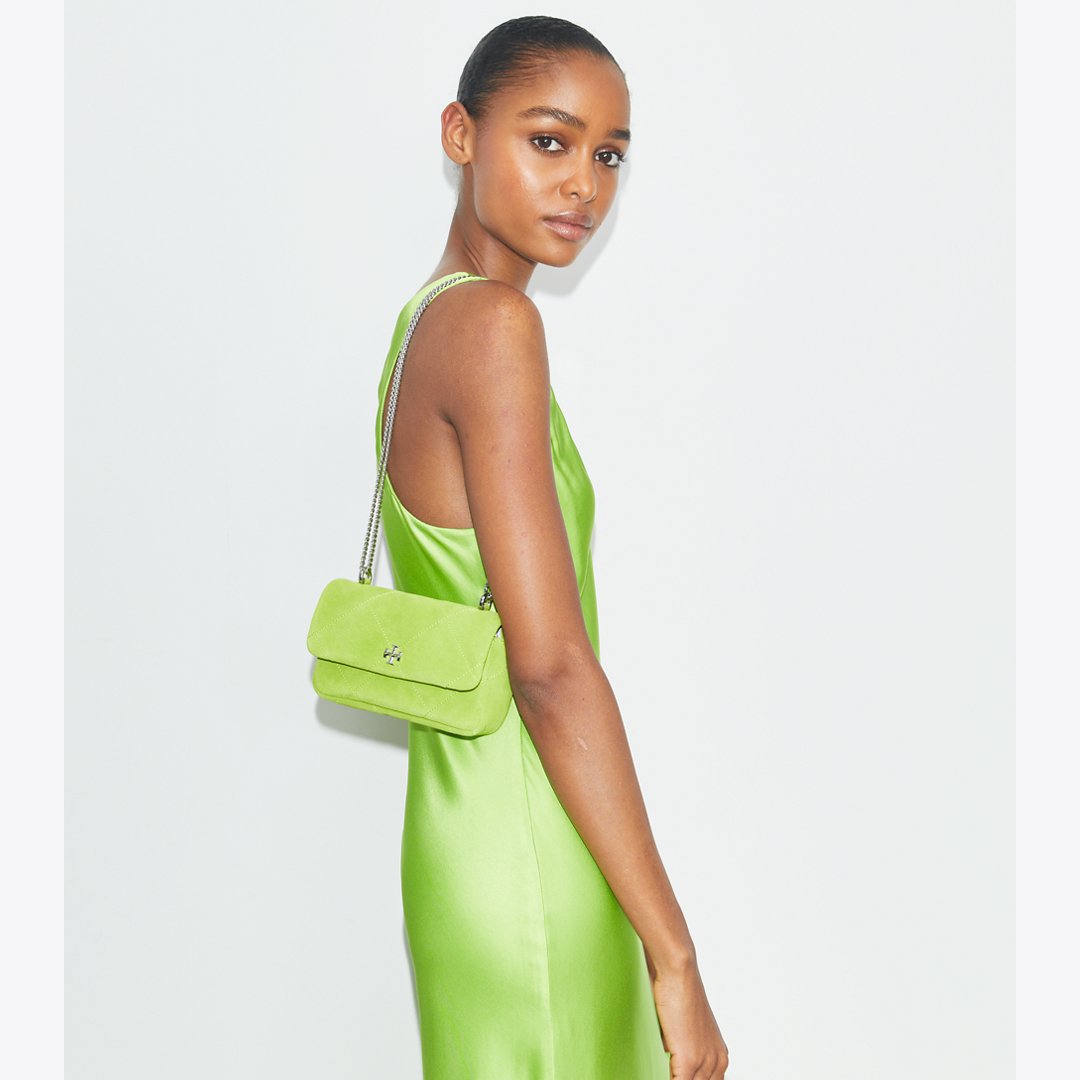 Tory Burch Mini Kira Diamond Quilt Suede Flap Bag Bitter Lime